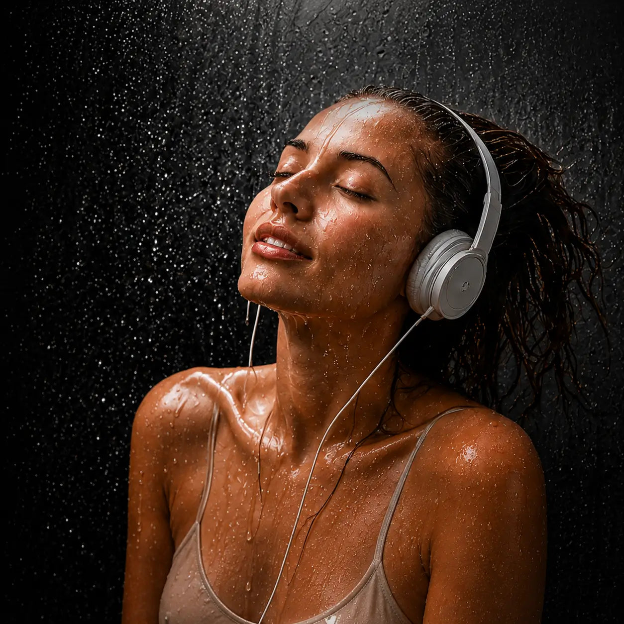Woman in the shower wearing headphones listening to the Decore Spraylist